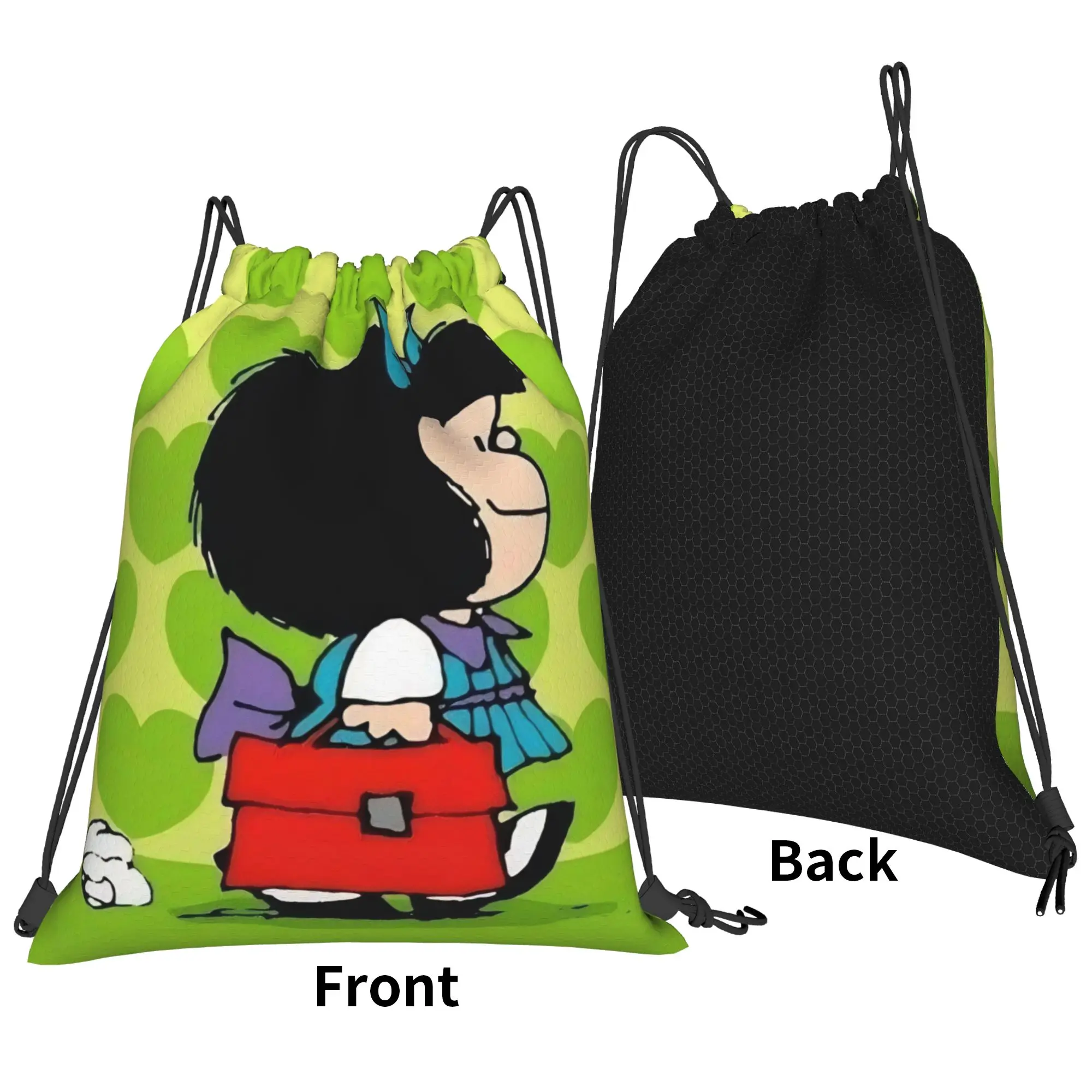 Mafaldas Green Heart Bag Drawstring Backpack Sports Gym Sackpack Water Resistant  String Bag for Hiking 36cm (W) x 43cm (H)