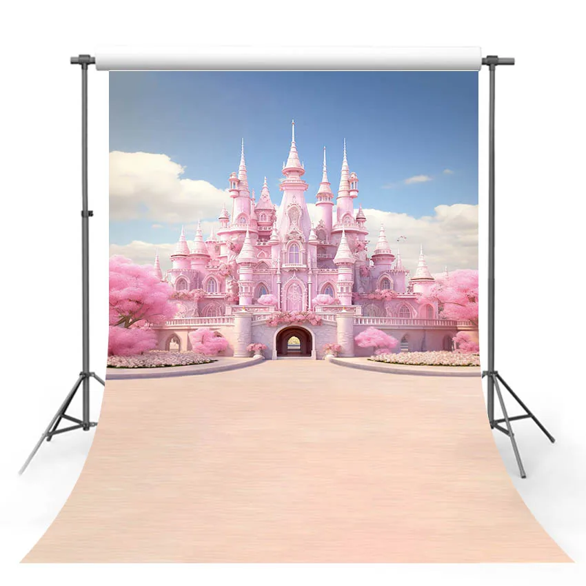 

Mehofond Pink Princess Castle Background Photography Girl Birthday Party Blue Sky White Clouds Cake Smash Backdrop Photo Studio