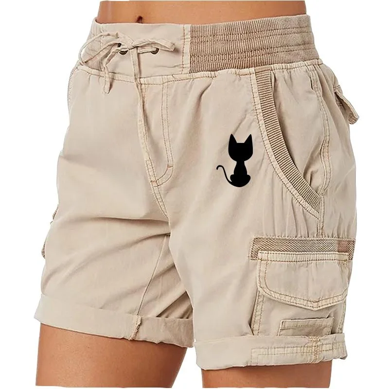 Trending Cute Cat Printed Fashion Women Summer Shorts Outdoor Beach Shorts Bermuda Shorts Stretch Golf Active Shorts High Waist