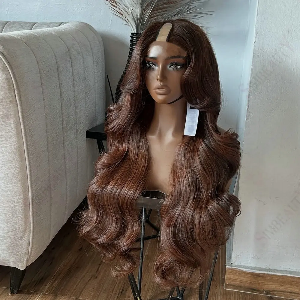 Schokoladenbraune Damen-U-Part-Perücken aus 100 % Remy-Indischem Echthaar, günstige, leimlose, vollmaschinell gefertigte V-Part-Perücken, einfach zu tragen mit Clips – Detail 2
