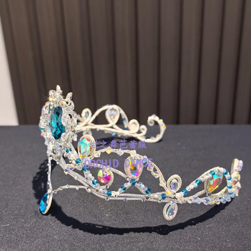 Ballet crown headpiece set decorated with blue gem rhinestone leaf hollow tiara with water‑drop pendant forehead ornament for ba