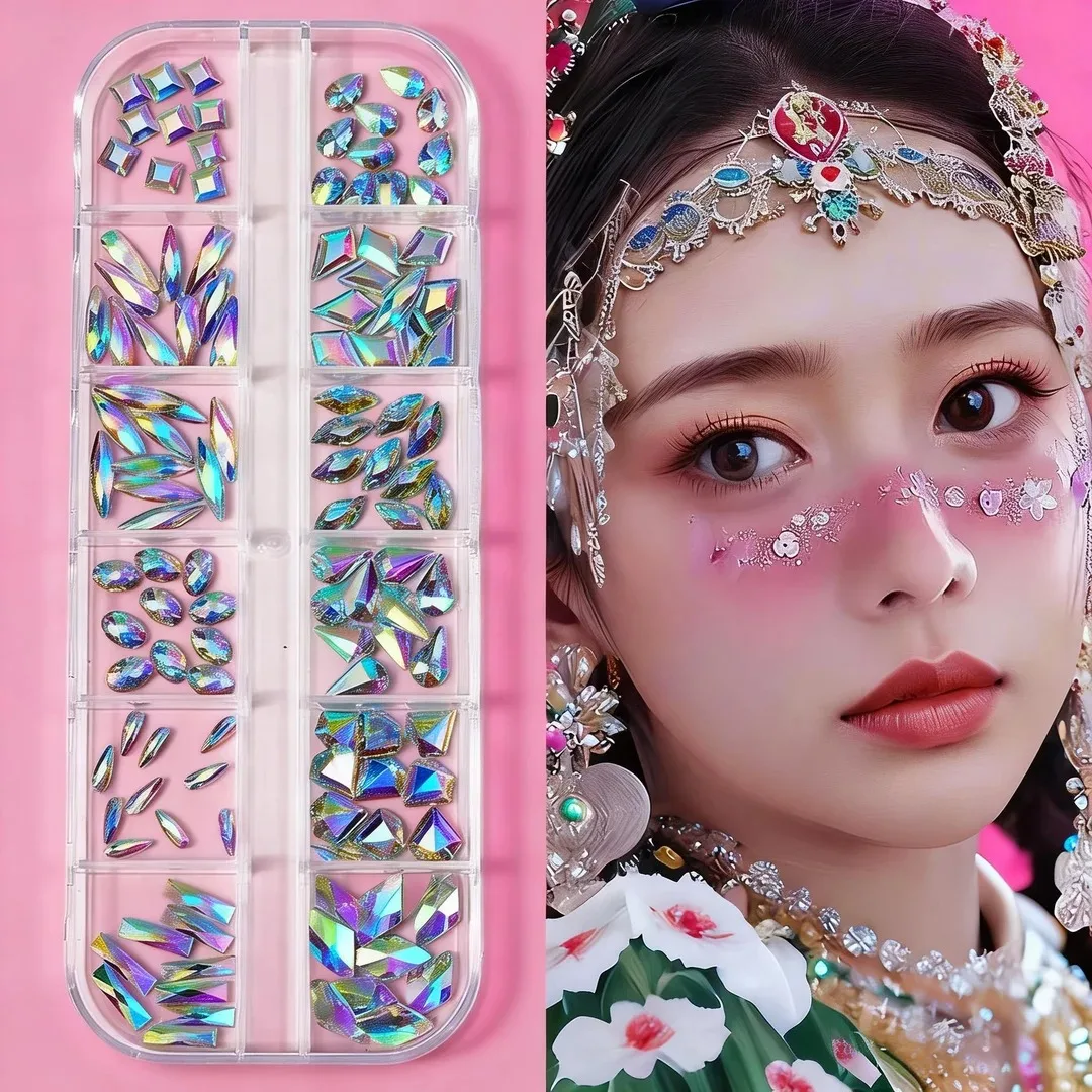 12Gird 3D Glass AB Crystal Nail Art Rhinestones Kit Flatback