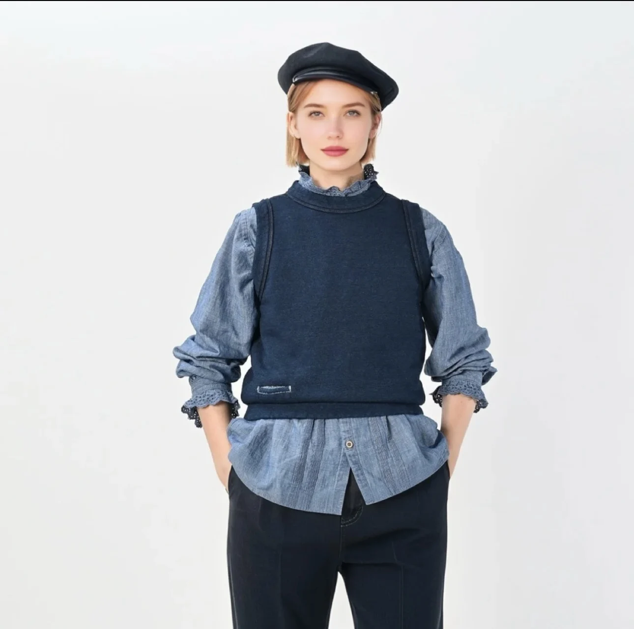 

Женская короткая куртка в японском стиле с передним карманом, цвет индиго, осенне-зимняя модная верхняя одежда, повседневный топ без рукавов