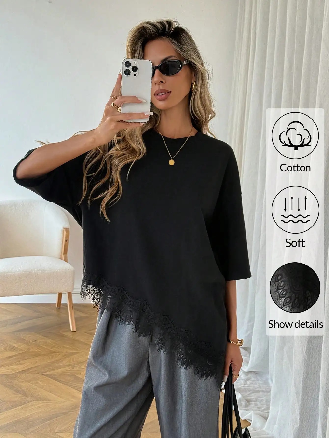 

Женская черная хлопковая футболка с асимметричным подолом и кружевной отделкой, свободный крой, повседневный топ