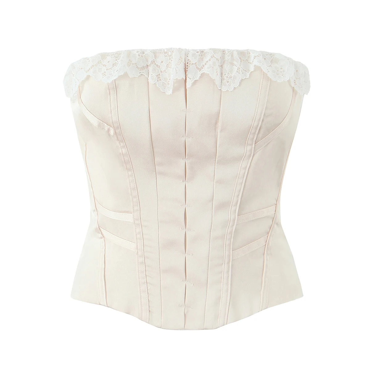 2025 Summer Nude Beige Spliced White Lace Slash Collar Mesh Sexy Corset Women Back Zipper Tank Tops Bodycon Strapless Crop Top