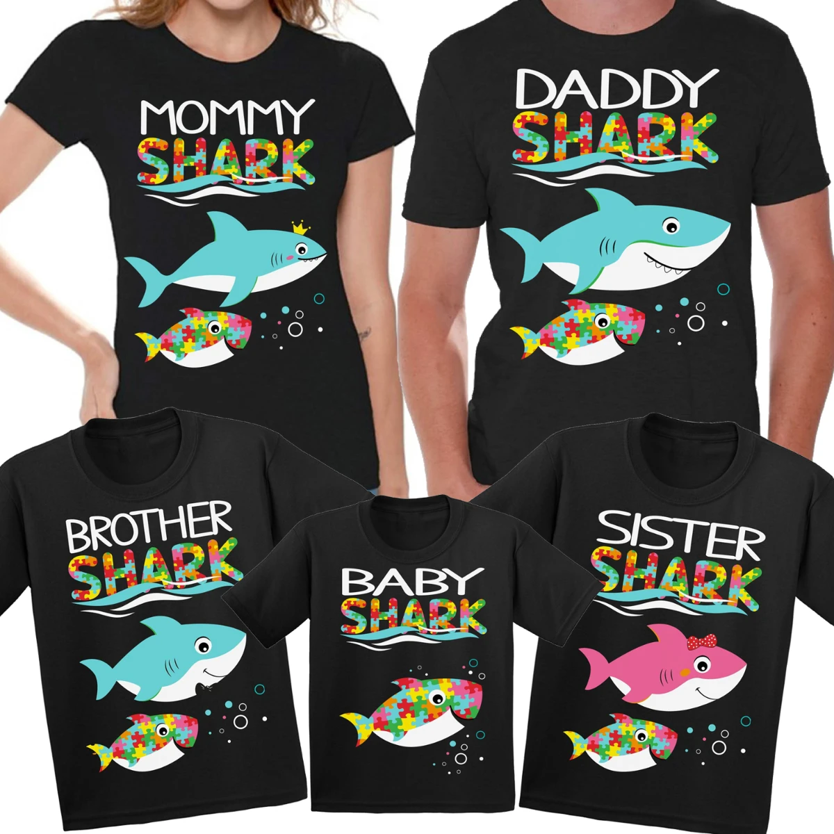 

Autism Power Family Matching Outfit Autism Puzzle Mommy Daddy Big Family Shark T-shirts