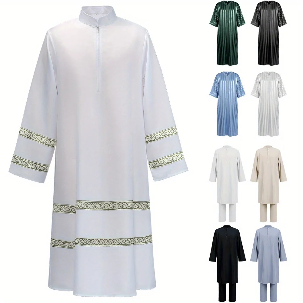 ثوب إسلامي للرجال: ربيع وصيف عربي الشرق الأوسط بأكمام طويلة مخطط مطبوع