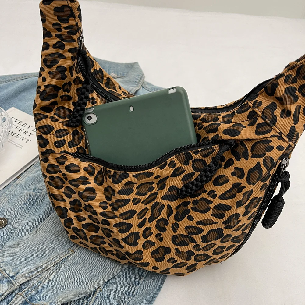 Women Hobo Sling Bag Large Capacity Leopard Print Crescent Crossbody Bag Adjustable Strap Daily Messenger Bag Simple Satchel Bag