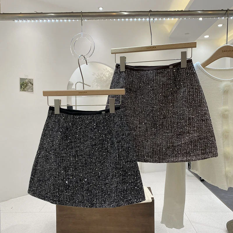 

Женская юбка трапециевидной формы с высокой талией и пайетками, осень-зима, новая корейская версия с эффектом похудения