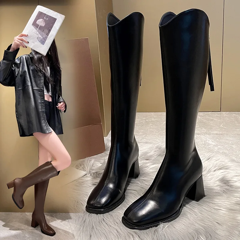 Ladies Wide Boots Riding Women Zip Shoes Block Heel Fashion Knee Boots Massive Size