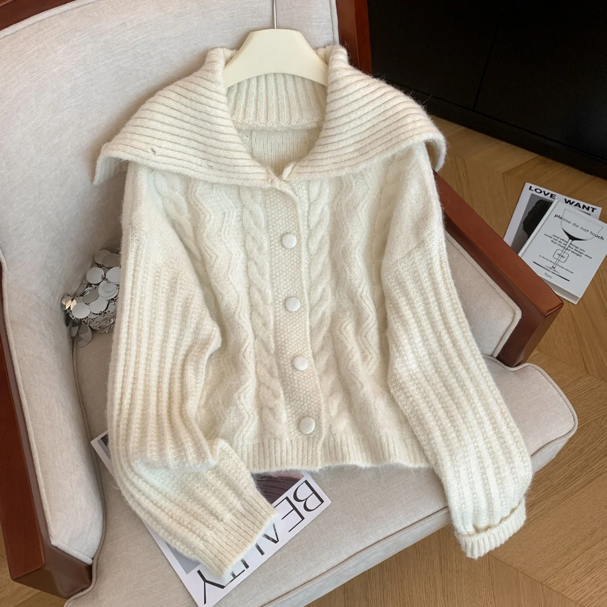 

Women's Beige Cardigan Sweater Vintage 2000s Sailor Collar Jumper Knit Preppy Style Long Sleeves Cashmere Sweater Autumn Winter