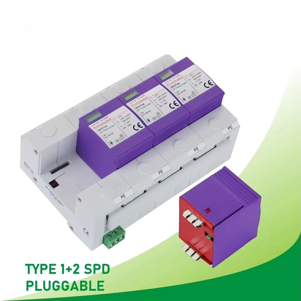 255V AC T1+T2 25kA 4P Telebahn Three-Phase Five-Wire TNS Surge Protector Surge Protection SPD for Main Distribution Boards