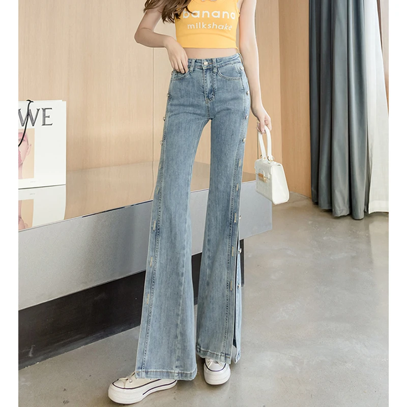 Women Vintage Pocket Long Oversized Denim Pants 2023 Sexy Heavy Industry Wide Leg Summer Thin Side Open Button Jeans Streetwear