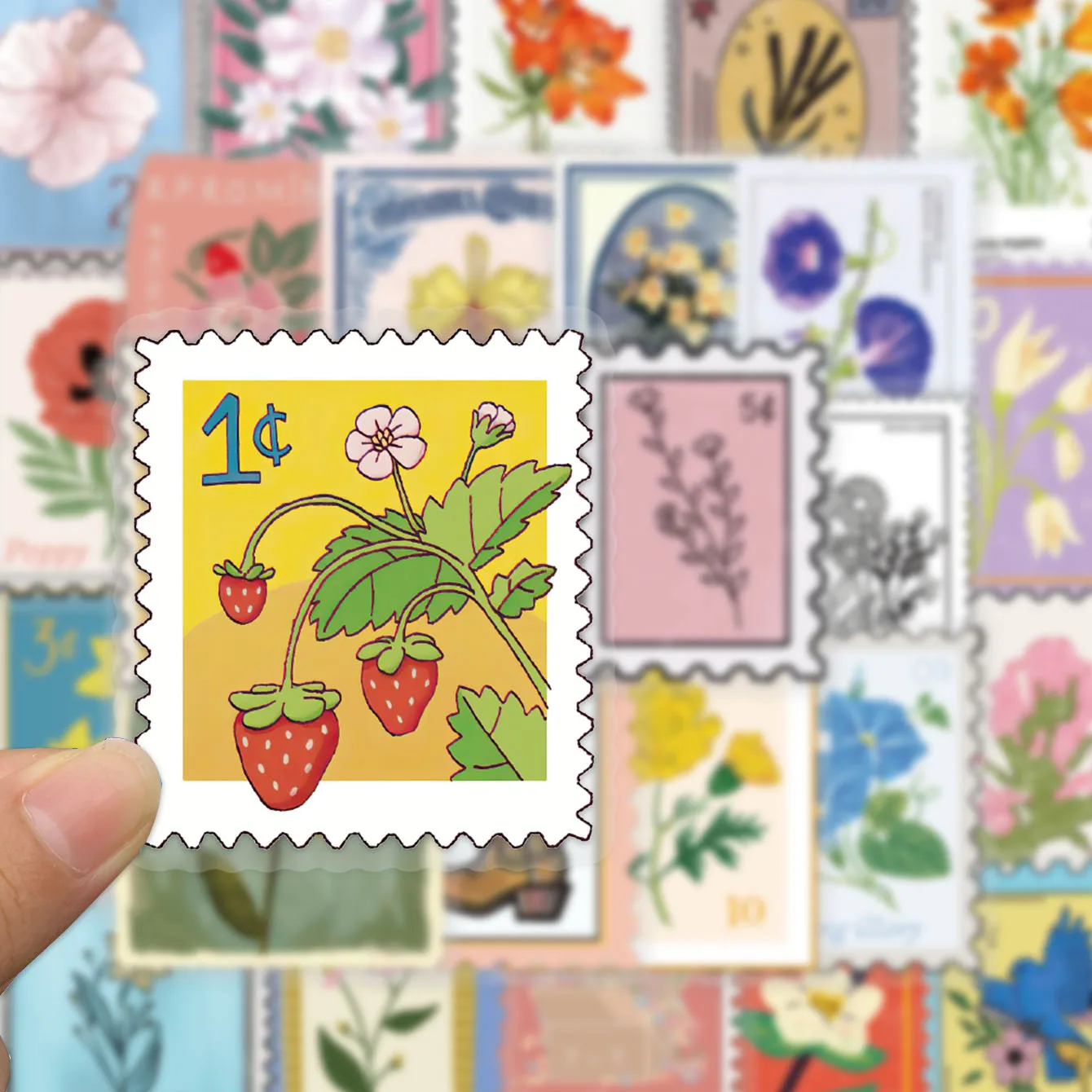 50PCS Flower Stamps Stickers Retro Style Toy Graffiti Decals For Scrapbook Laptop Luggage Refrigerator PET Transparent Stickers