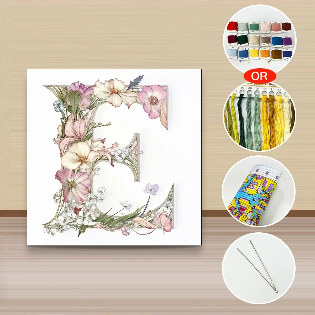 1 Stück 40x40 cm/15,74 Zoll, 11Ct/14Ct Kreuzstich-Set, DIY Valentinstagsgeschenk, Stickerei-Set für Festlichkeiten, Blumenmuster Buchstabe E – Detail 3