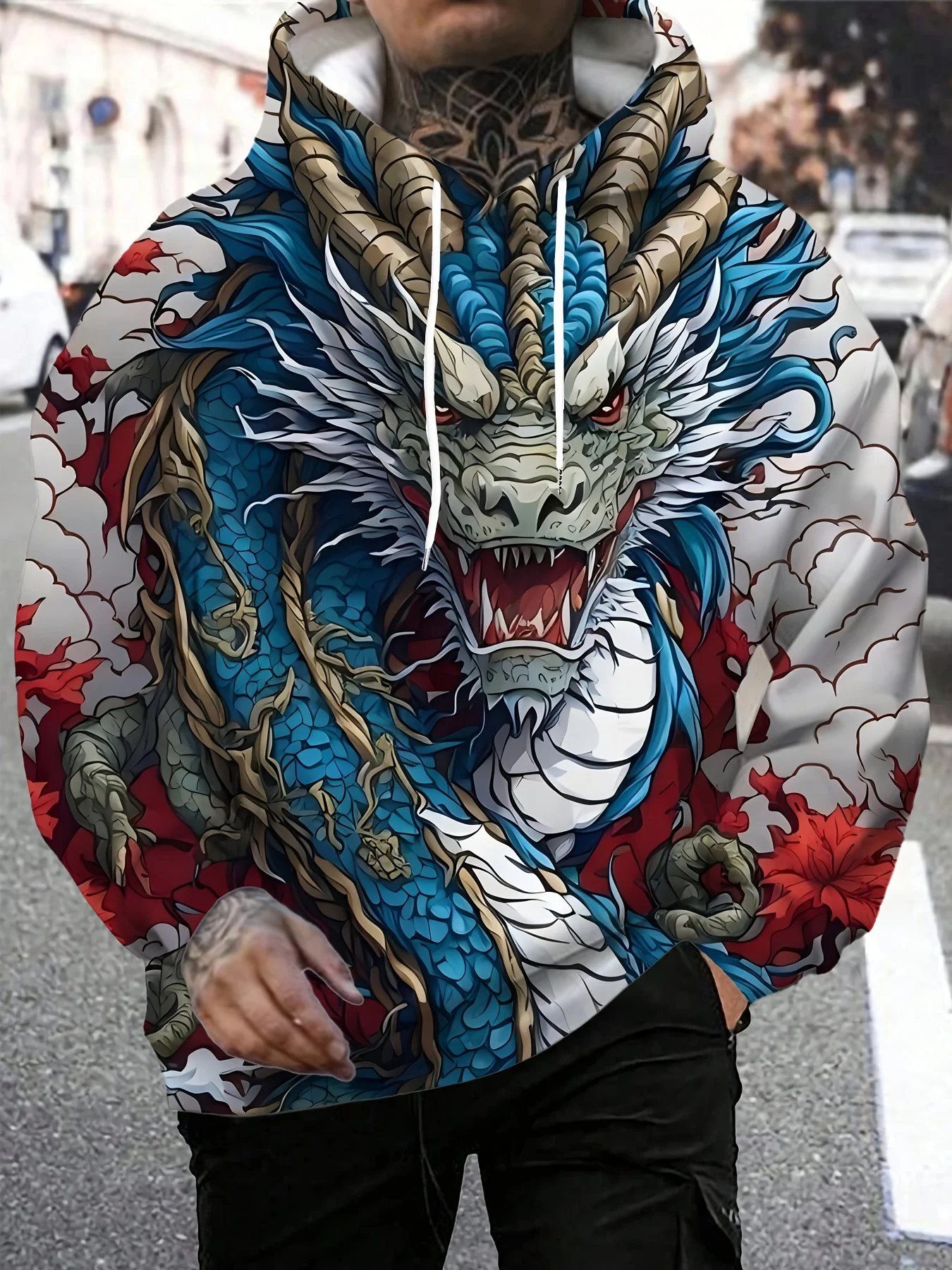 

Chinese Loong Pattern Men's Sweatshirts Funny 3D Animal Print Hoodie Autumn Winter Casual Loose Pullover Street Fashion y2k Top