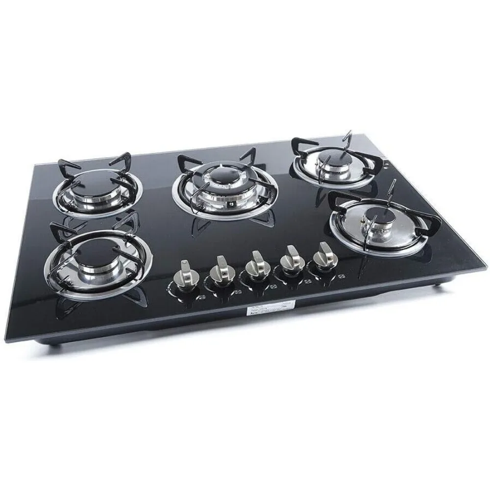 Table de cuisson à gaz intégrée 30x20 pouces, 5 brûleurs, table de cuisson en verre trempé, plaque de cuisson à gaz pour la cuisine