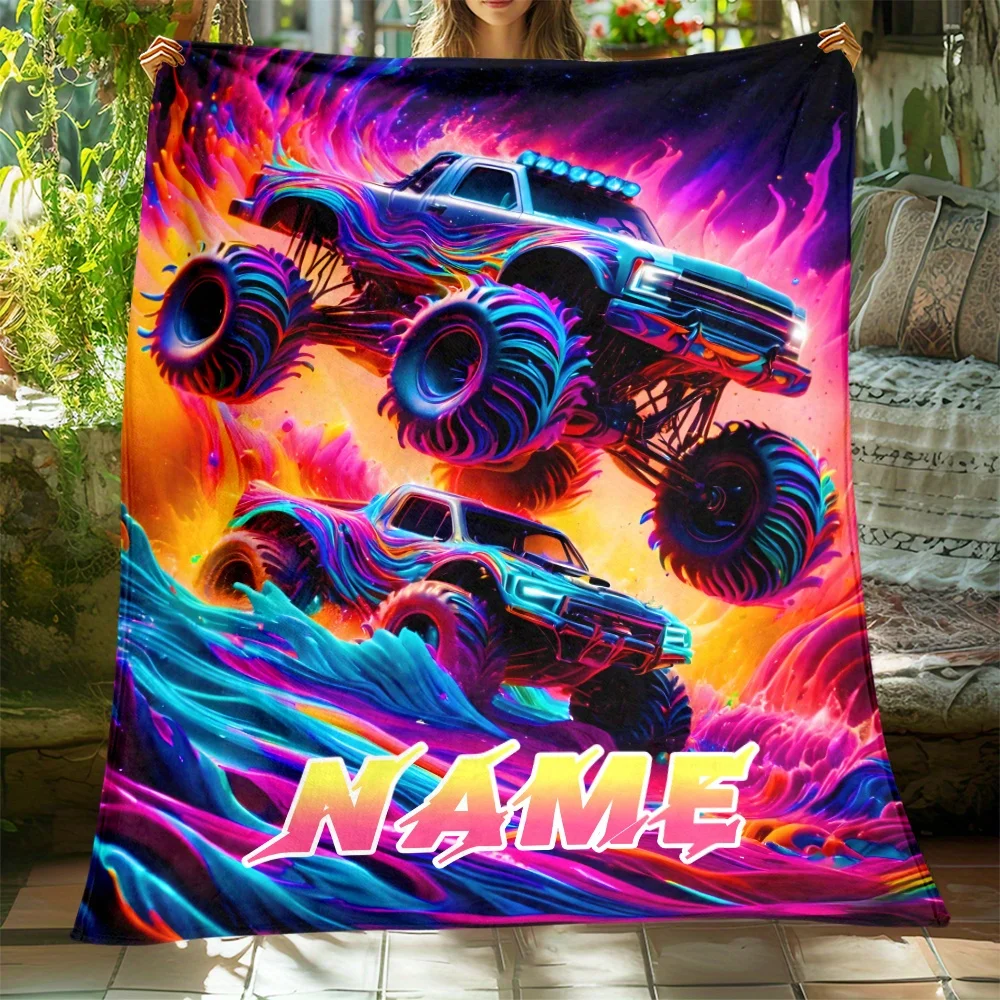Custom name monster truck flannel blanket, soft blanket, suitable for sofa, bed, birthday, children, friends, gifts