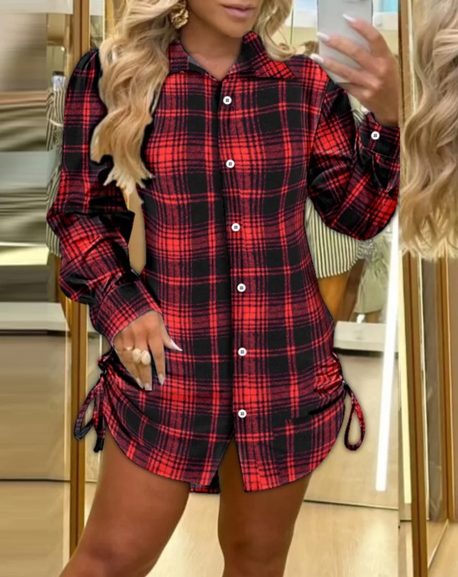 Plaid Print Button Down Shirt Dress Back Shirred Roll Tab Sleeve Side Drawstring Mini Dresses