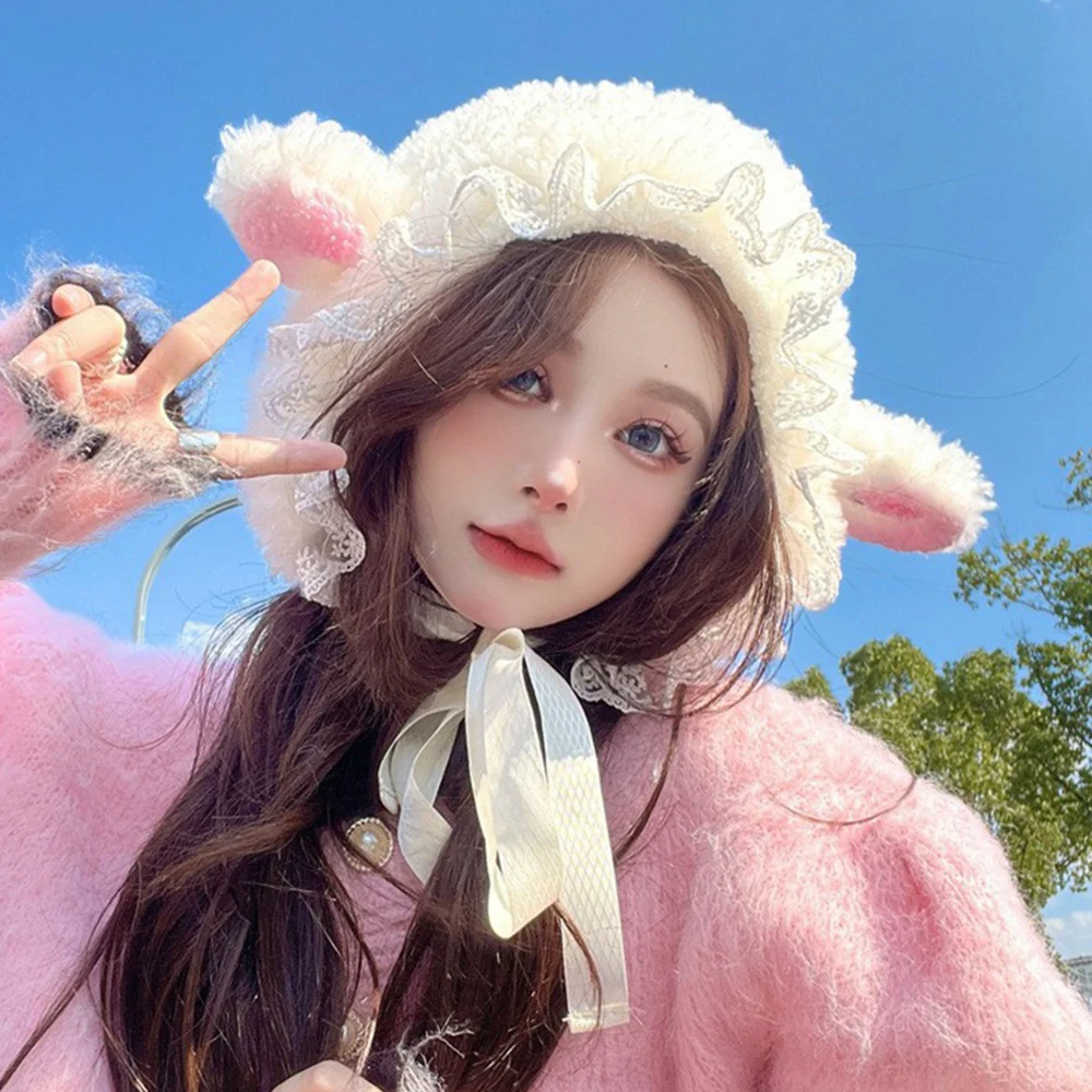 Fluffy Costume Hats Christmas Gift Warm Soft Lovely Lamb Cosplay Bucket Hat Outdoors Warm Winter Women Photo Prop Sheep Caps