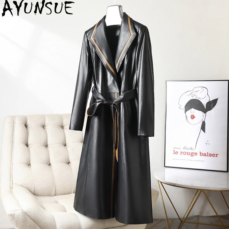 AYUNSUE Giacca in vera pelle Donna Strato superiore Pelle di pecora Cappotti da donna Lace-up Autunno Abbigliamento donna Trench lungo Jaqueta Couro