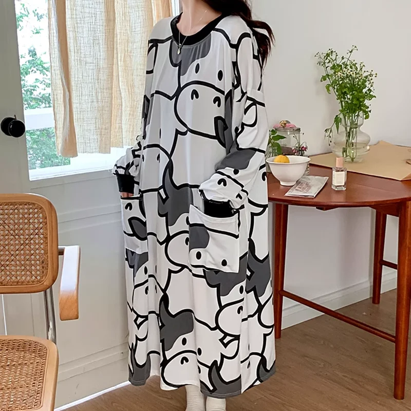 Nightdresses Women Sleepwear Autumn Long Sleeve Loose Cotton Animation Robe Ladies Lounge Wear Pajamas Nightgown M-6XL