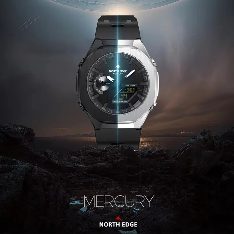 NORTH EDGE MERCURY NEW Men's Outdoor Digital Watch, Double Display Alloy Case 50 Meters Waterproof LED Backlight World Time