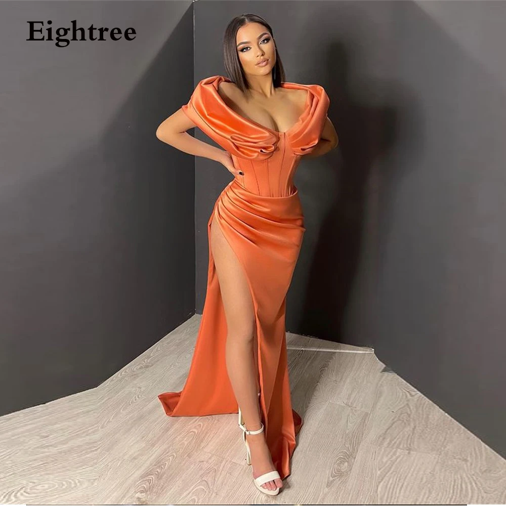 

Eightree Simple Orange Long Side Slit Prom Dress Satin Off Shoulder A Line Sweetheart Formal Night Gowns Evening Dresses 2022