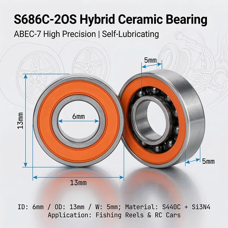 10pcs S686C 2OS Stainless Steel Hybrid Ceramic Bearings 6x13x5 S686 2RS ABEC7 Ceramic Bearings 6*13*5 Reel Bearings 686RS