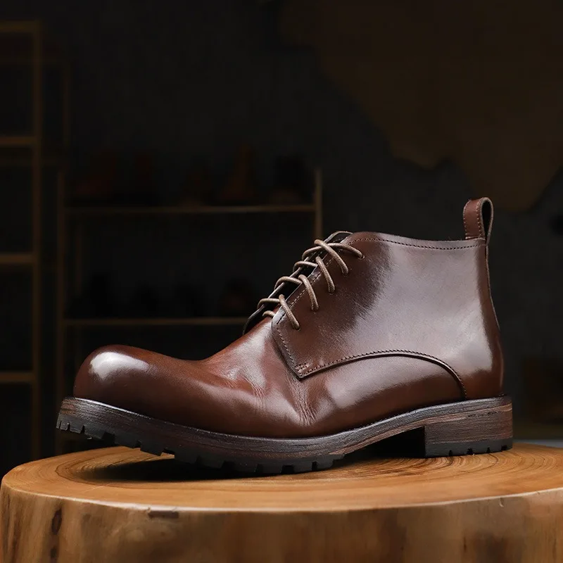 

Handmade Washed Motorcycle Genuine Leather Riding Chelsea Boots Men Shoes High-end High Top Business Casual Work Boots Male