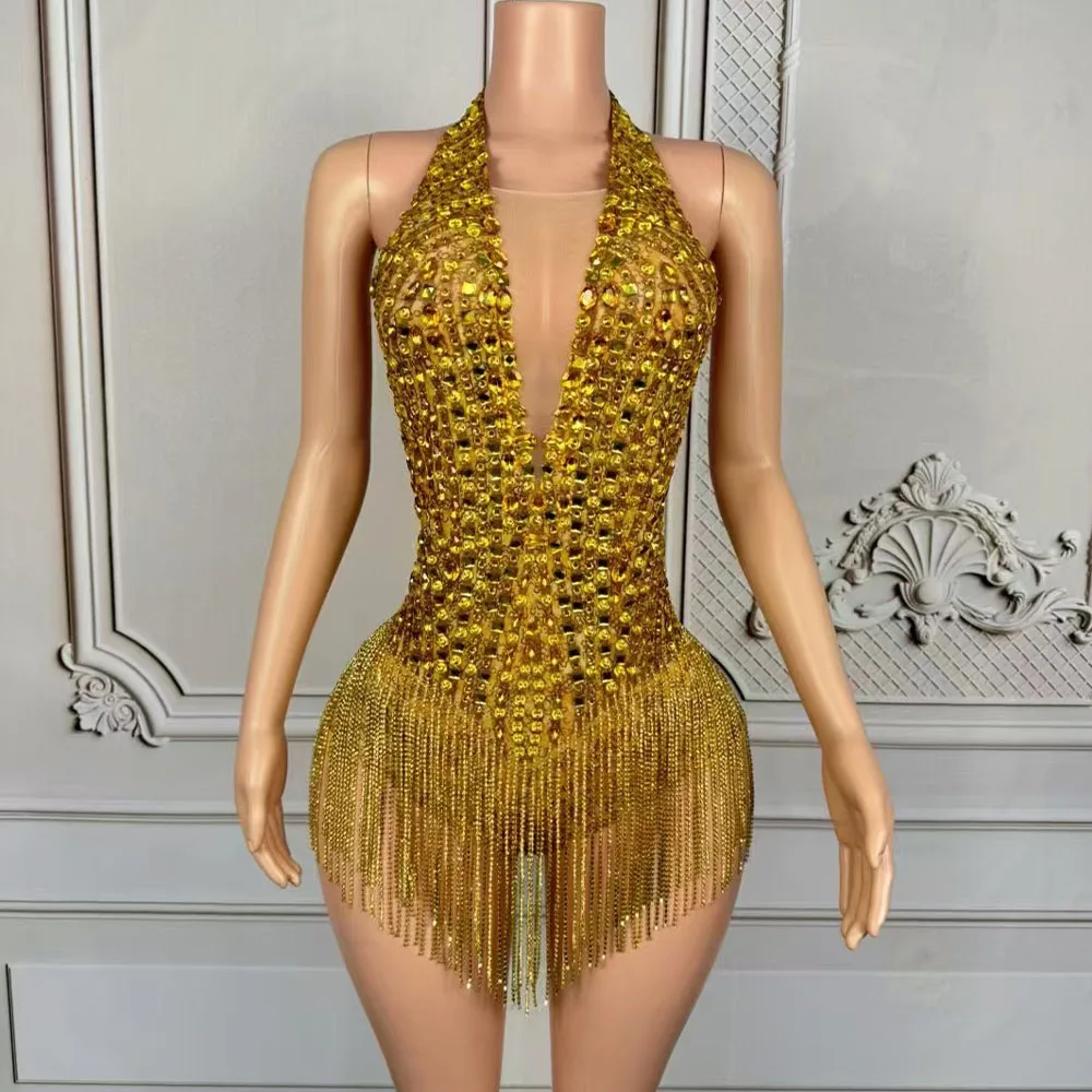 Women Luxury Sparkly Gold Rhinestones Chain Tassel Bodysuit Sexy V Neck Dance Costume Dancer Performance Stage Photoshoot Wear