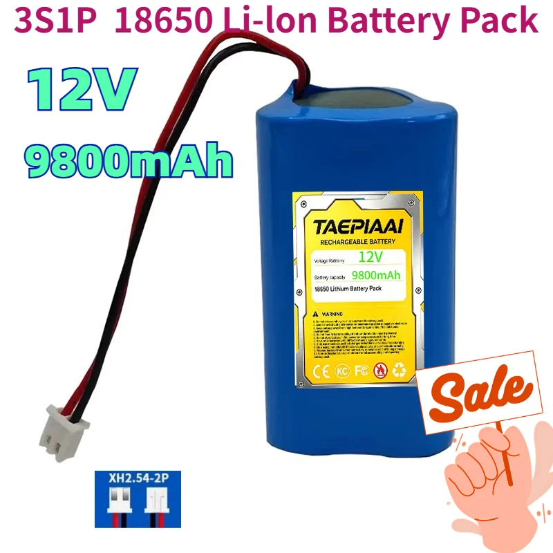 12V 9800mAh 3S1P 18650 Lithium-Ion Battery Pack 12.6V Rechargeable Battery with 1A Charger for LED Light and CCTV Cameras