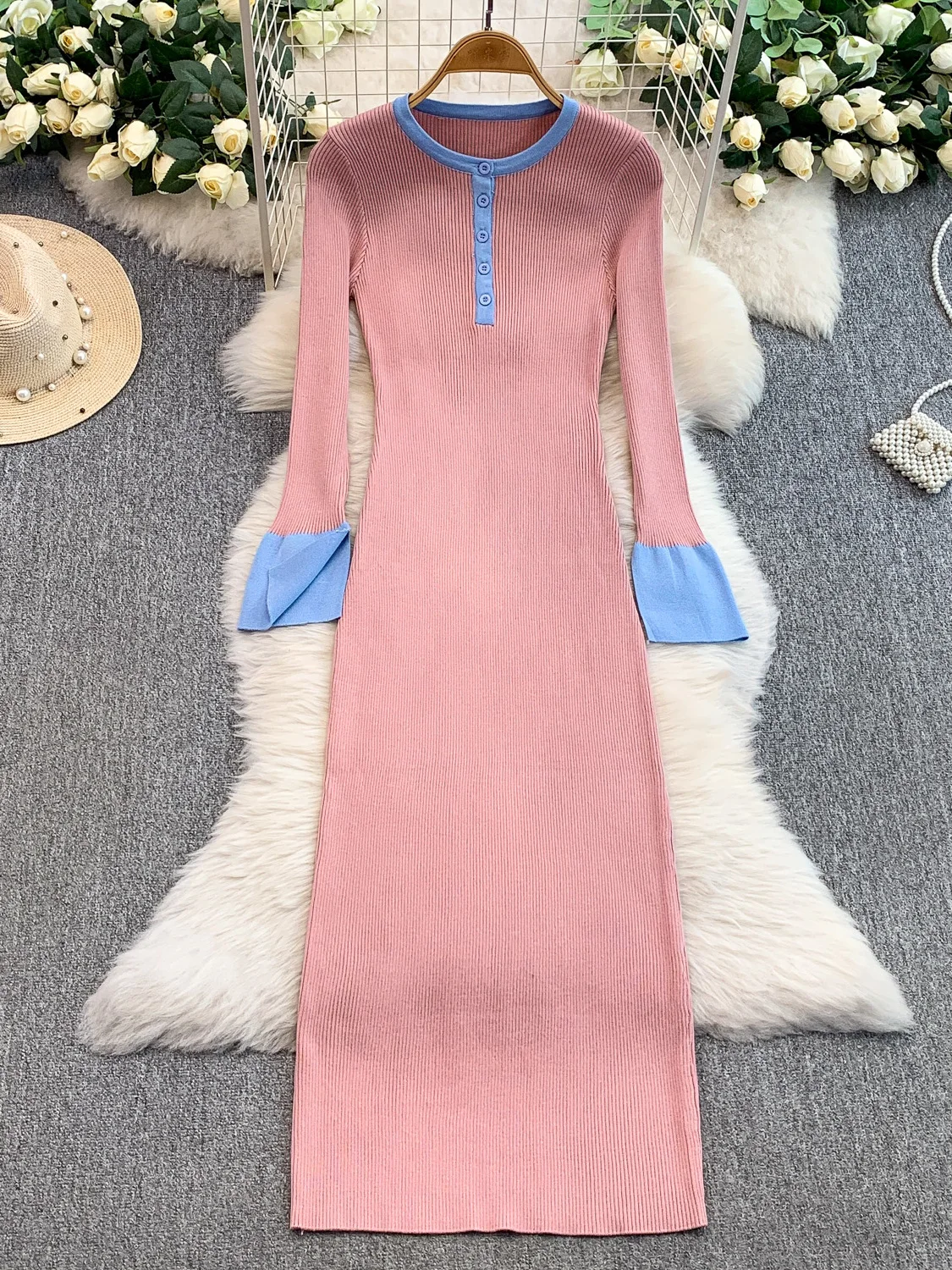 Faionable Color Blo round Ne Bell Sve Knitted Dr Women's Tight Slim Fit Long Skirt High Waist Commute Sle Autumn