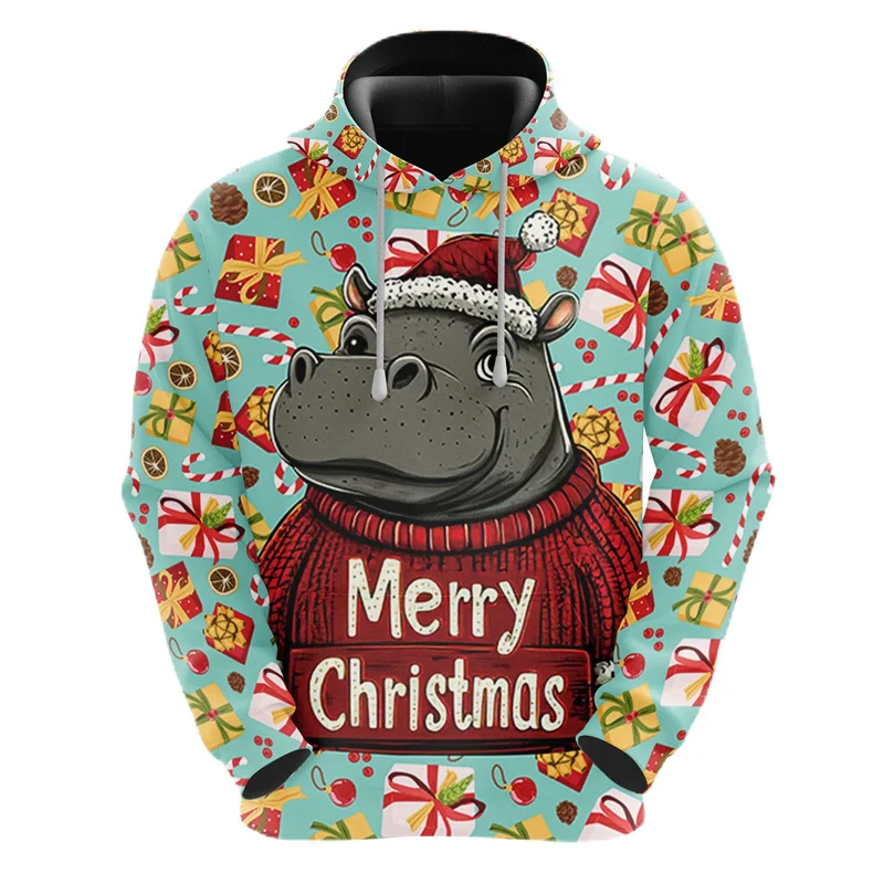 Cute Christmas Hippo 3D Printed Hoodie For Men Clothes Funny Animal Xmas Unisex Sweatshirts Harajuku Fashion Women Hooded Tops