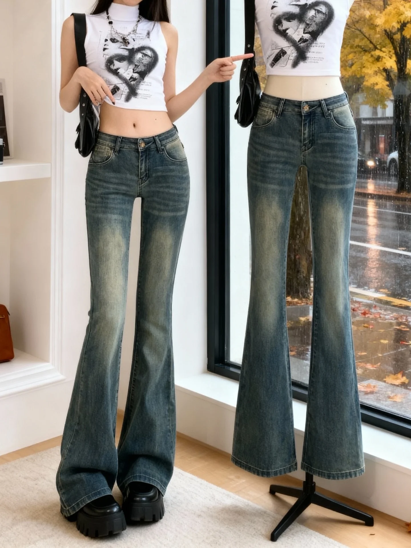 Fce اصطف Thiened ارتفاع الخصر جرس بوت الدينيم الجينز المرأة الخريف الشتاء جديد Sle الأمريكية الرجعية سليم صالح الطابق طول... #4