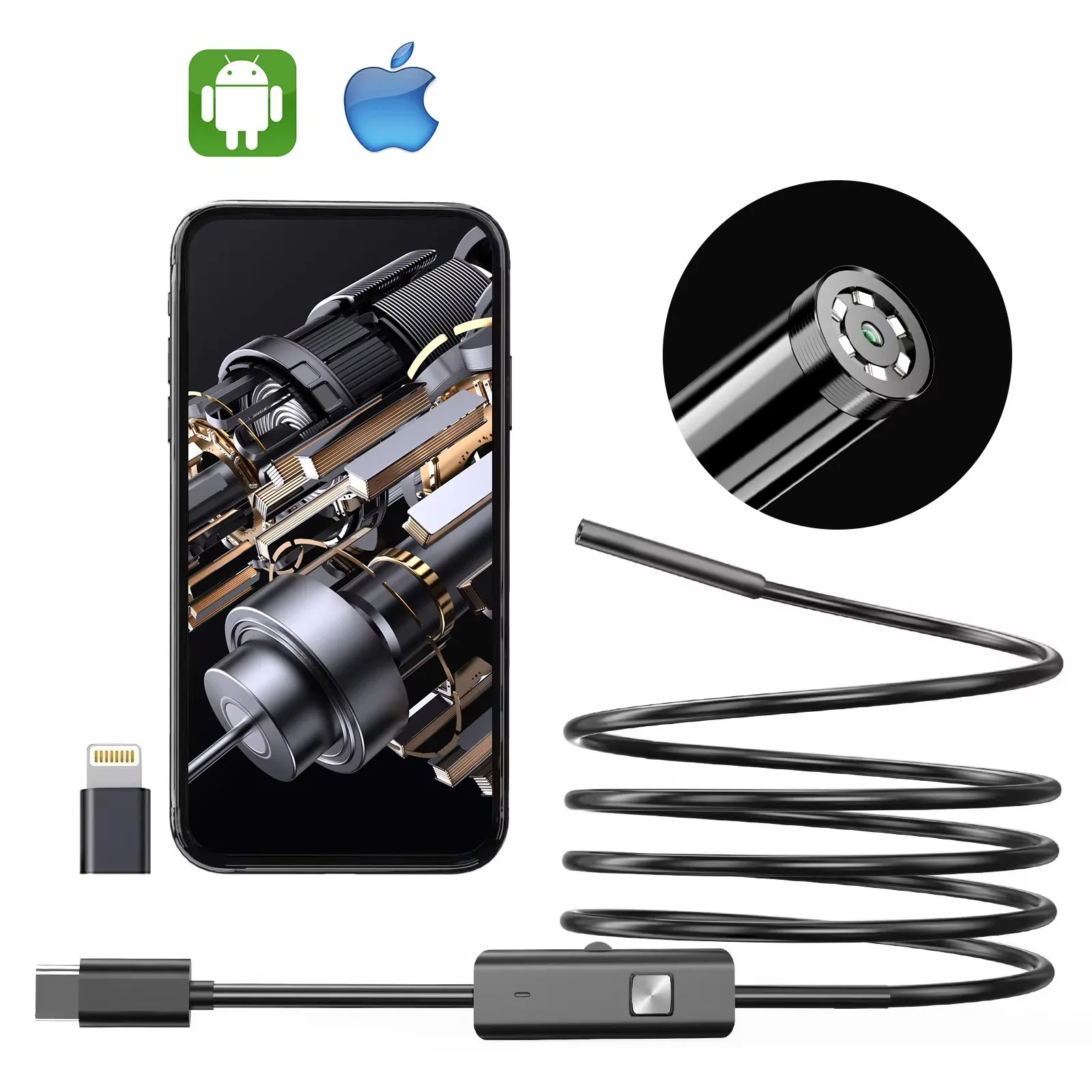 Endoscope Camera with Light 1080P HD Borescope Tools With  LED 8mm IP67 Waterproof Inspection Camera For iOS and Android