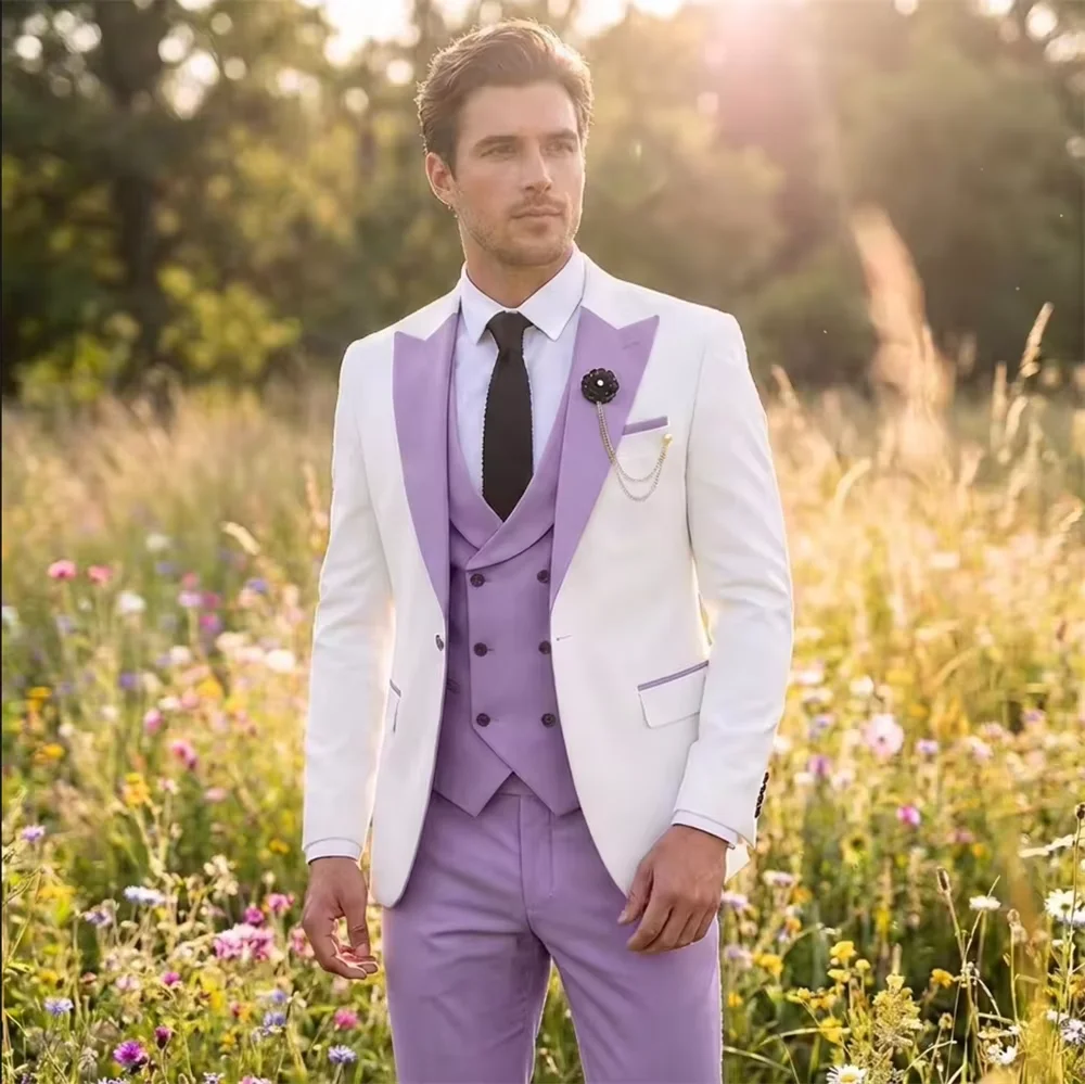 Color Blocked Men's Business Suit Set - Gentleman Peak Lapel Blazer Vest Pants British Style Casual Wedding Banquet Male Suits