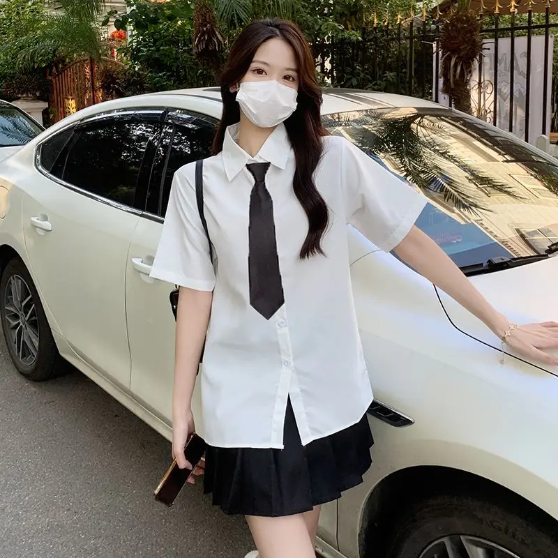 

Uniform Shirt White Basic Style Summer Women's Short Sleeve With Button Korean Version JK Uniform College Style Graduation Shirt