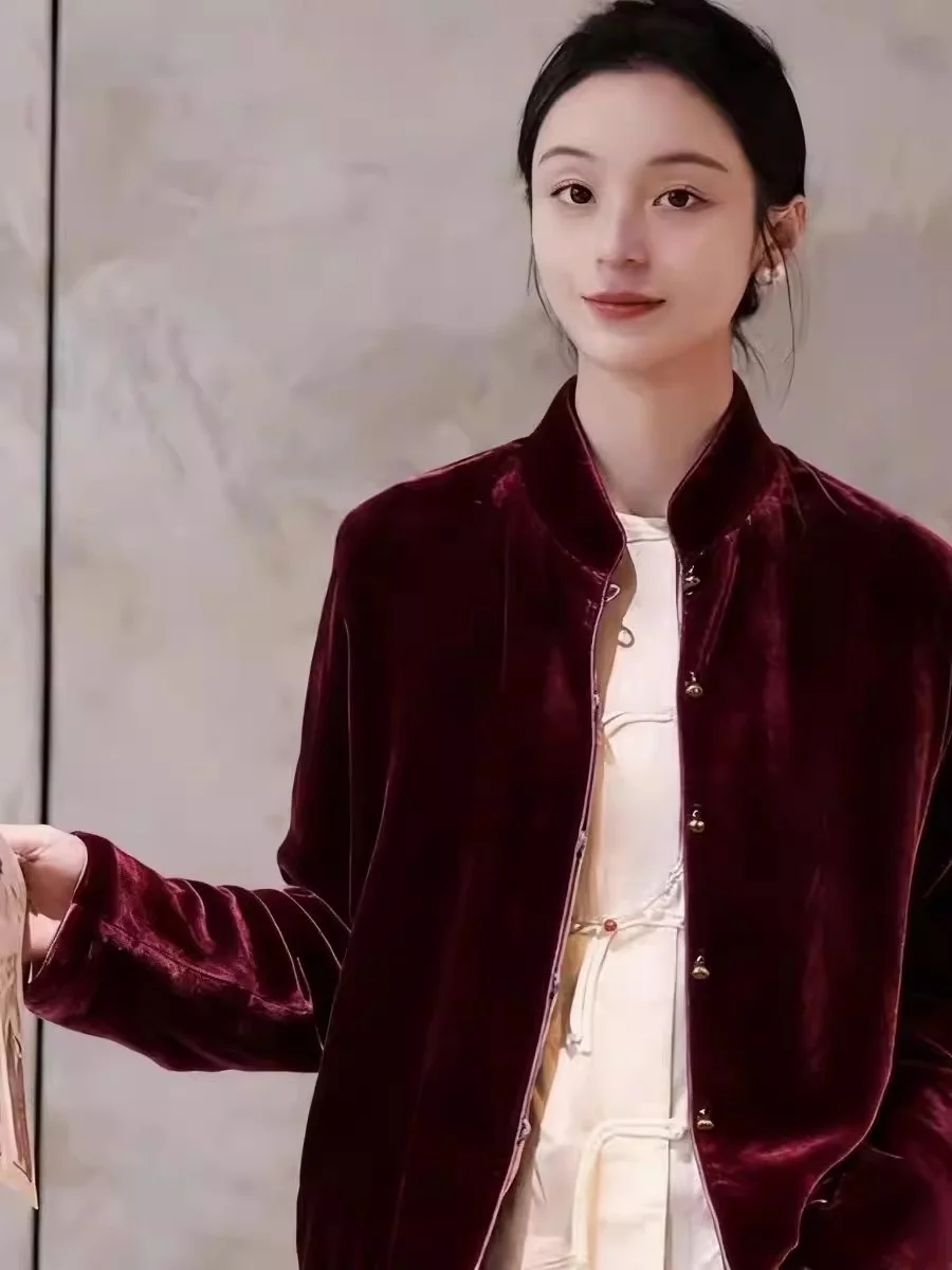 Retro Neuer Chinesischer Stil Marineblauer Samt-Blazer, Damen Französischer Schicker Hemdkragen-Blazer Elegante Business-Oberteile J014