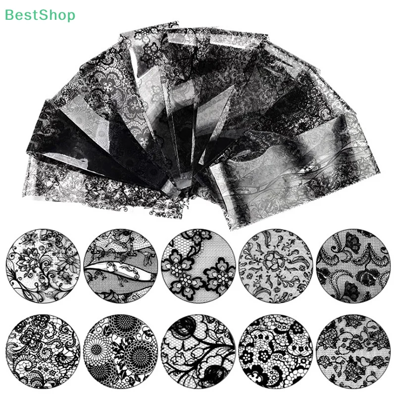 10 Stücke Weiß Schwarz Spitze Nail art Folien Set Top Floral CharmNail Transfer Aufkleber Papier DIY Maniküre Nagel Dekoration Zubehör