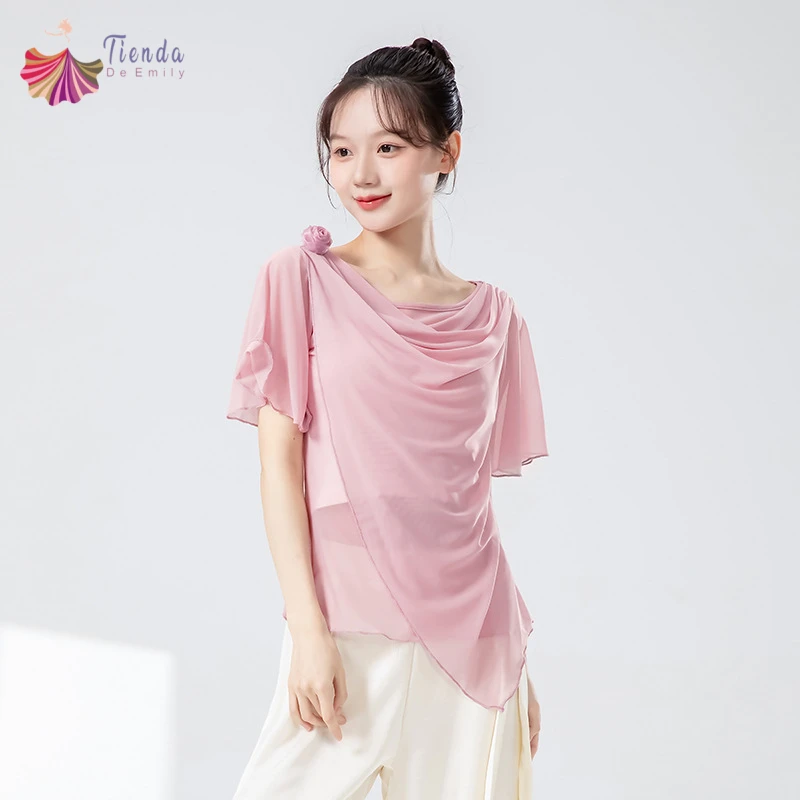 Dance Top Women Classical Practice Clothes Short Sleeve Gauze Mesh Pleated T-shirt Solid Color Flowy Stage Costume Summer Blouse