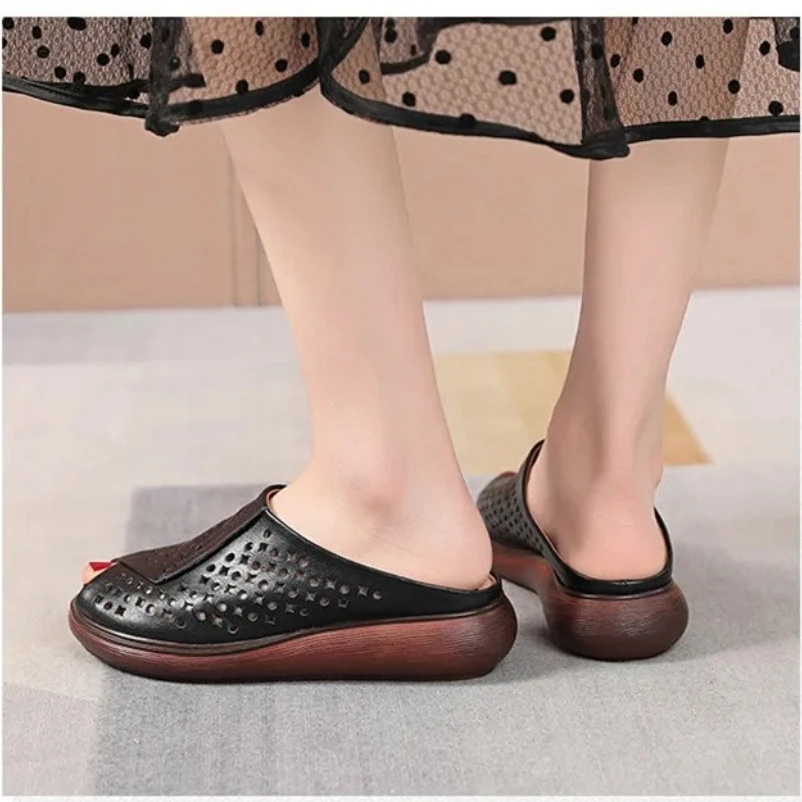 2025 4 سنتيمتر النعال الساخن النساء منصة إسفين مريح موضة السيدات الصيف الصنادل مريح الطبيعية جلد طبيعي بيع الأحذية جوفاء #6