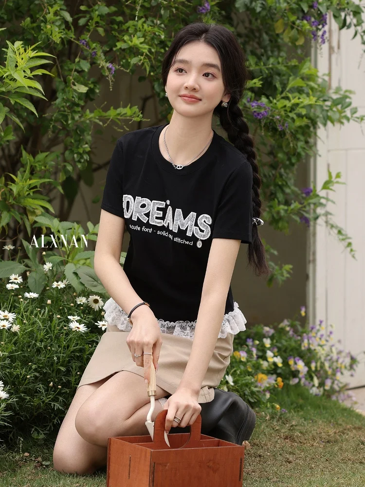 

Женский летний топ с кружевной отделкой и креативным принтом, свободный крой, круглый вырез, стандартная длина