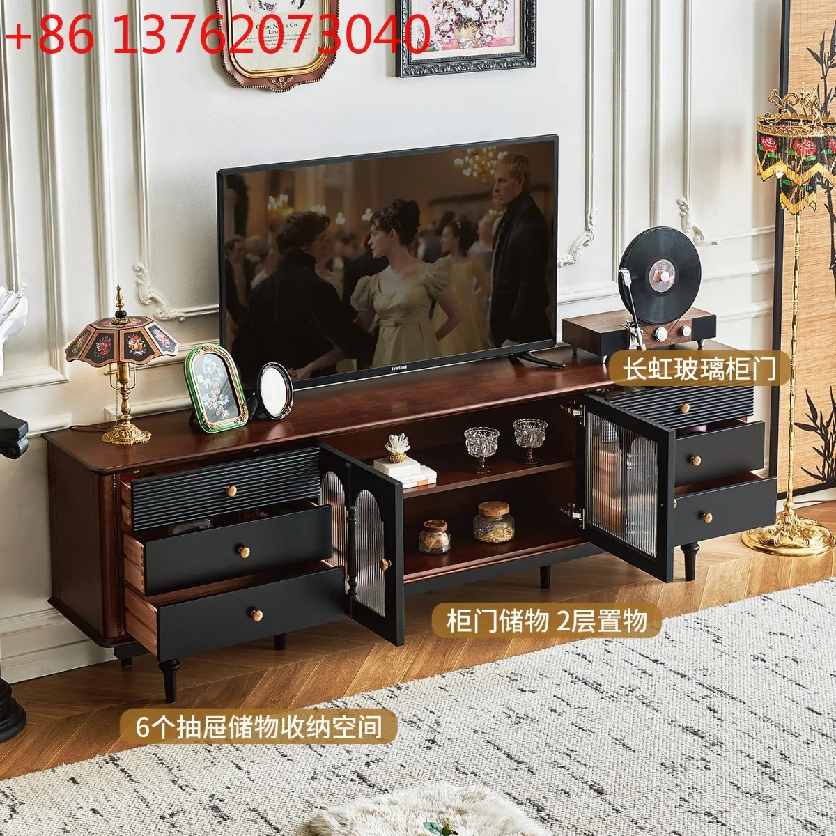 

New French retro solid wood TV cabinet medium antique black floor cabinet