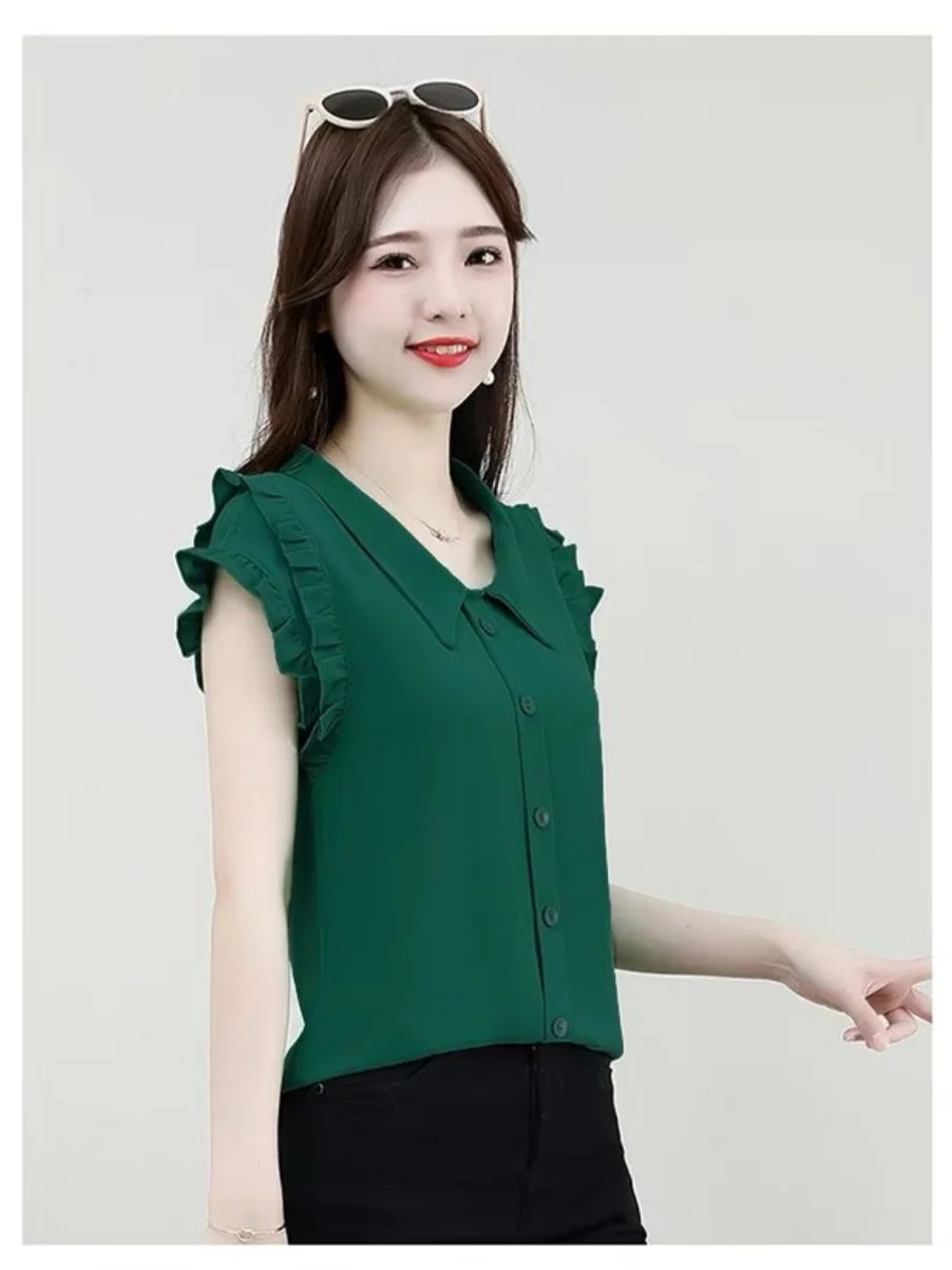 Flounce Hem Chiffon Shirt Women's Babydoll Collar Summer Slimming Tummy Covering Top Pure Color Bell Sleeve Blouse