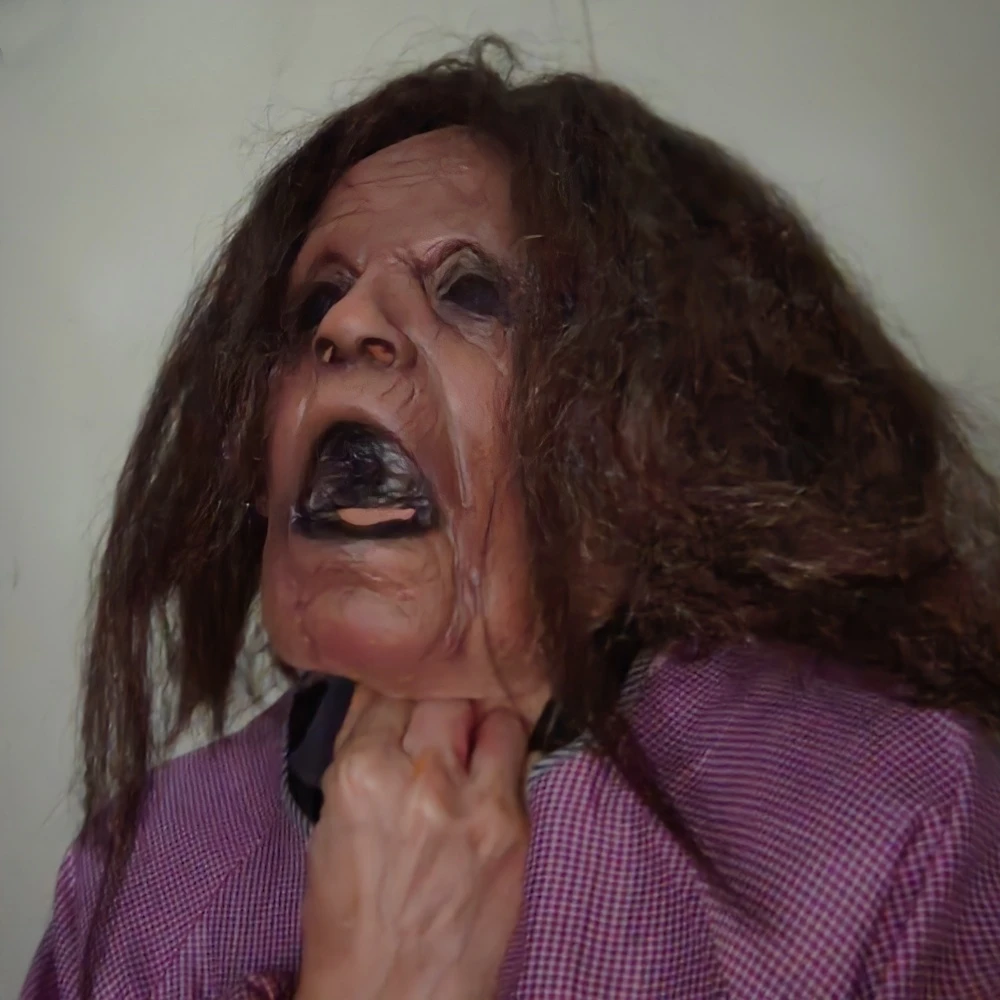 قناع الجدة القديمة المخيف مع شعر رعب واقعي شيطان الجدة قناع حفلة الهالوين تأثيري منزل مسكون المزحة الدعائم