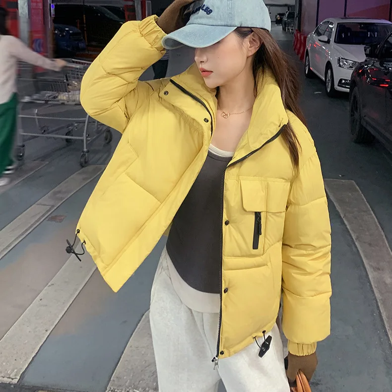 Women Oversize Parkas Jacket Short Coats Solid Drawstring Hem Stand Collar Zipper Thick Straight Office Lady Casual 2025 Winter