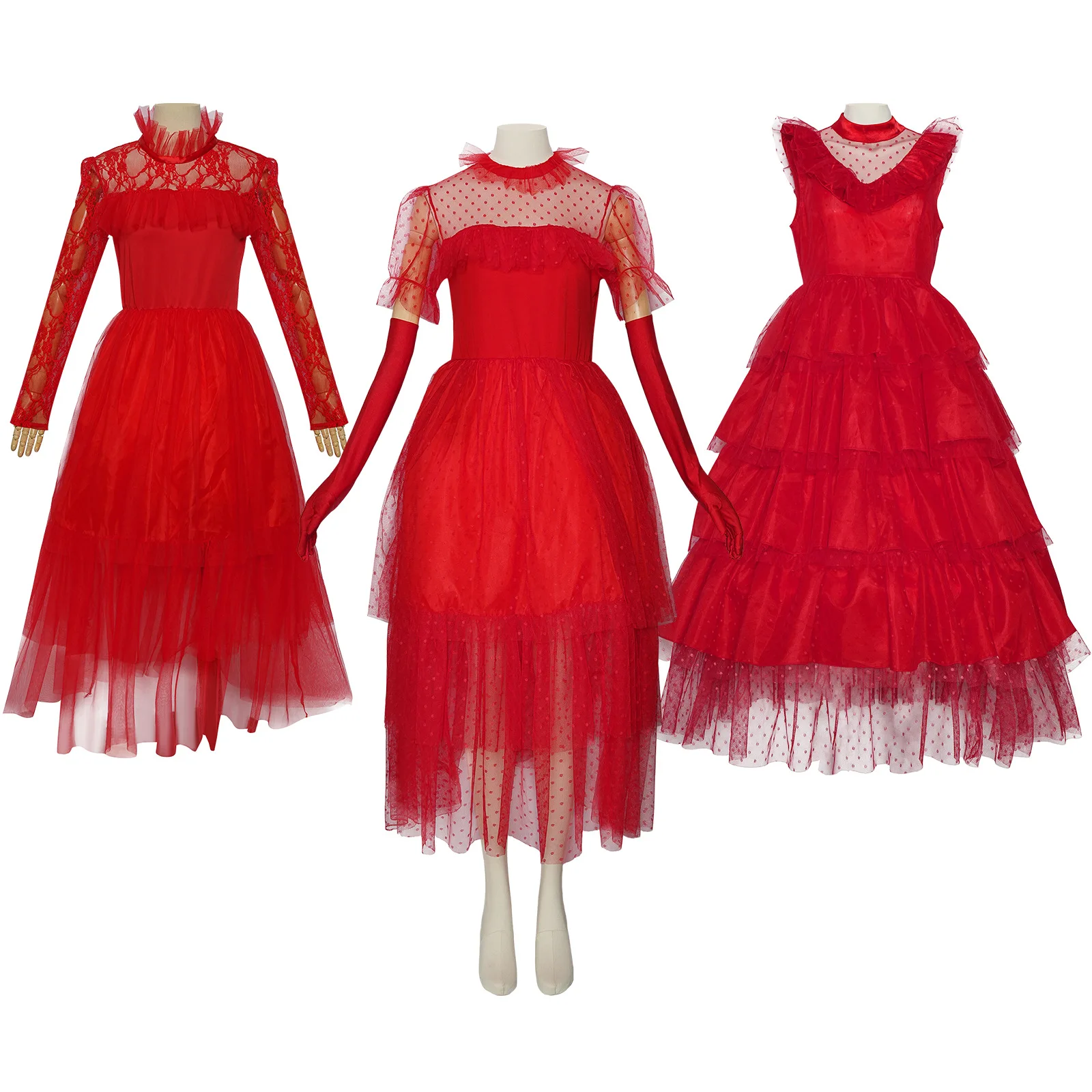 

Movie Lydia Deetz Cosplay Costume Beetle Bride Red Wedding Dress with Veil Gloves Full Set for Women Girls Halloween Cosplay