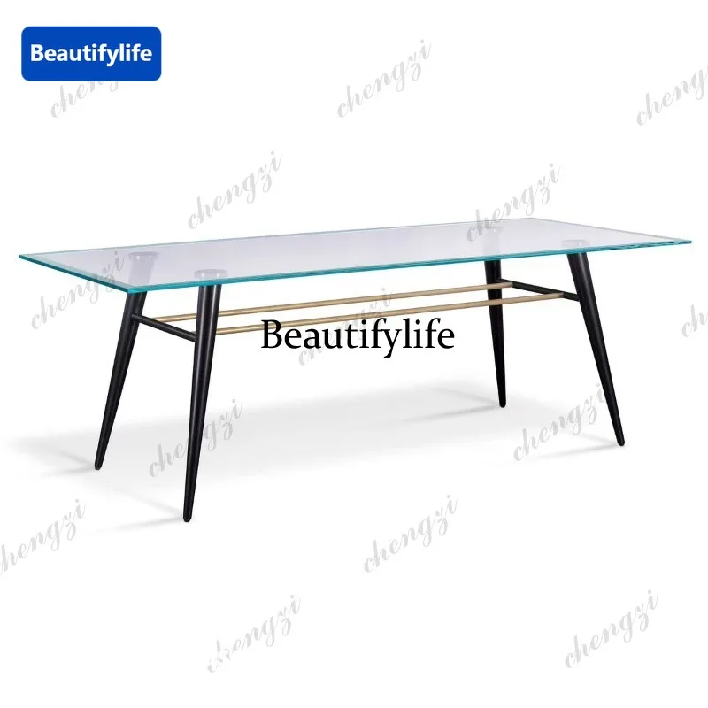 A68Italian minimalist rectangular glass dining table minimalist creative metal conference table desk