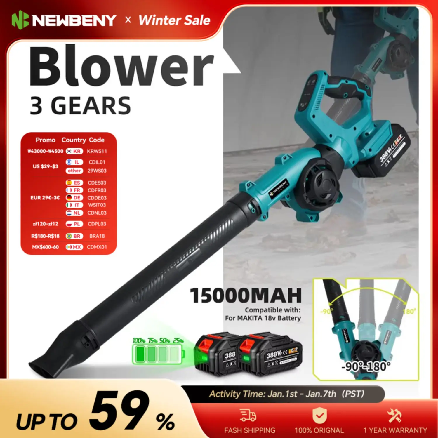 NEWBENY Cordless Electric Blower 270° Rotation Adjustment 3 Gears Leaf Vacuum Dust Snow Cleannig Tools For Makita 18V Battery